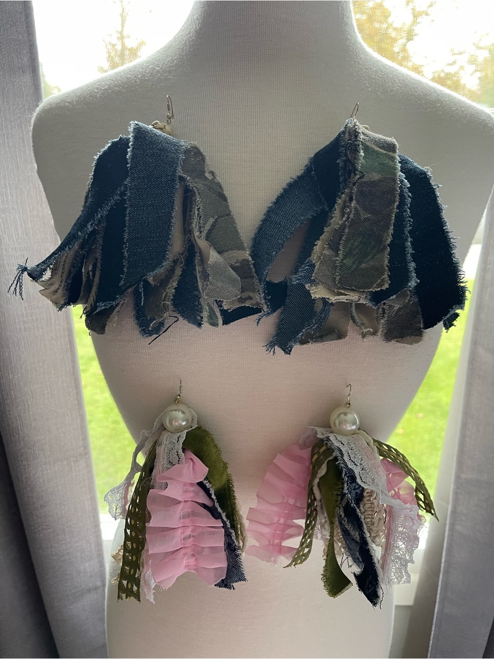 Handcrafted Fringe Drop Earrings with Pearl Accent in Pink and Green